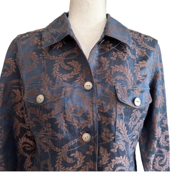 J. Jill Jacket Top Blue Brown Scroll Linen Silk Blend Lightweight Jacket Size 4 - Picture 3 of 11